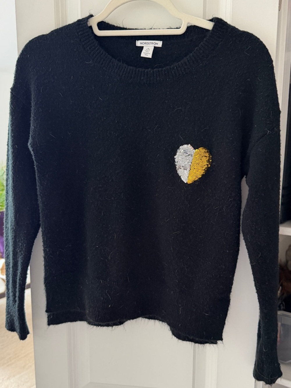 Nordstrom Navy Crewneck Sweater Gold & Silver Heart Patch. Sz M